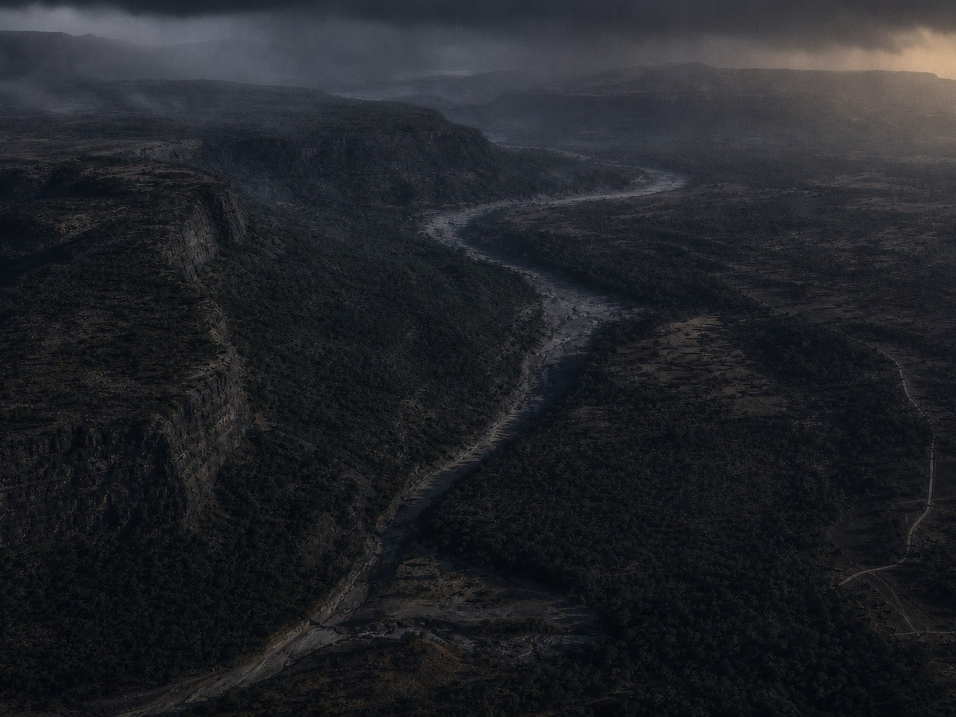 The same Deccan Plateau corridor under low cloud, rain, and reduced late-evening visibility.