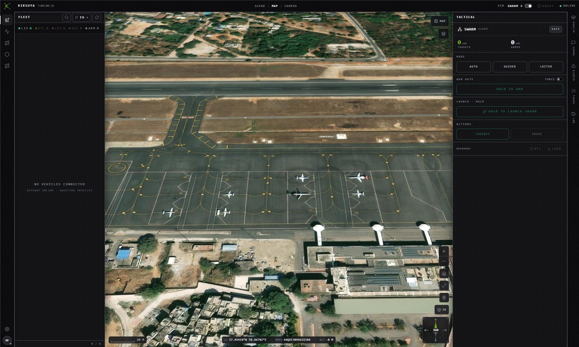 TENERE mission command interface showing an airfield operating picture and vehicle controls.